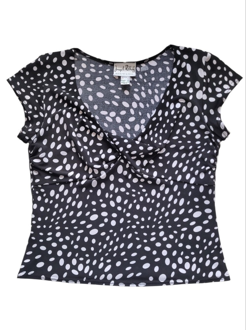 Joseph Ribkoff Twist Front Polka Dot Top V-Neck Short Sleeve Made in Canada